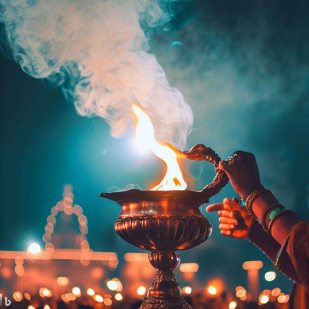 A grand Aarti ceremony at a temple during evening.