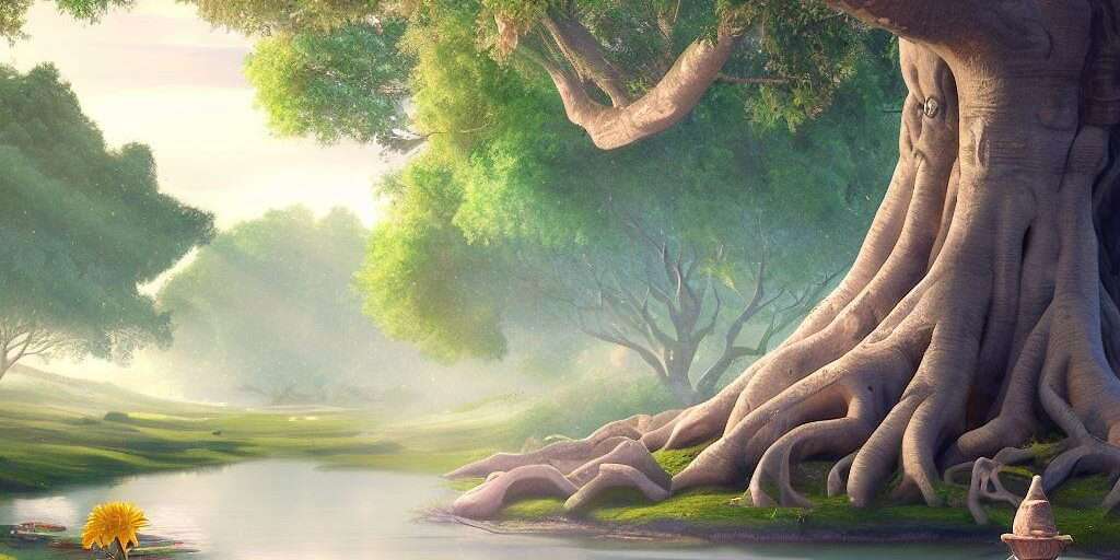 A tranquil landscape depicting the sacred tree, flowing water, lush fields, and a gentle sunrise, representing the harmony between Hinduism and Environmental Sustainability.