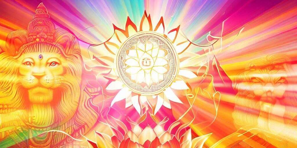 A vibrant, symbolic representation of women in Hinduism with a lotus flower, lion, book, pot of gold coins, and a radiating sun.
