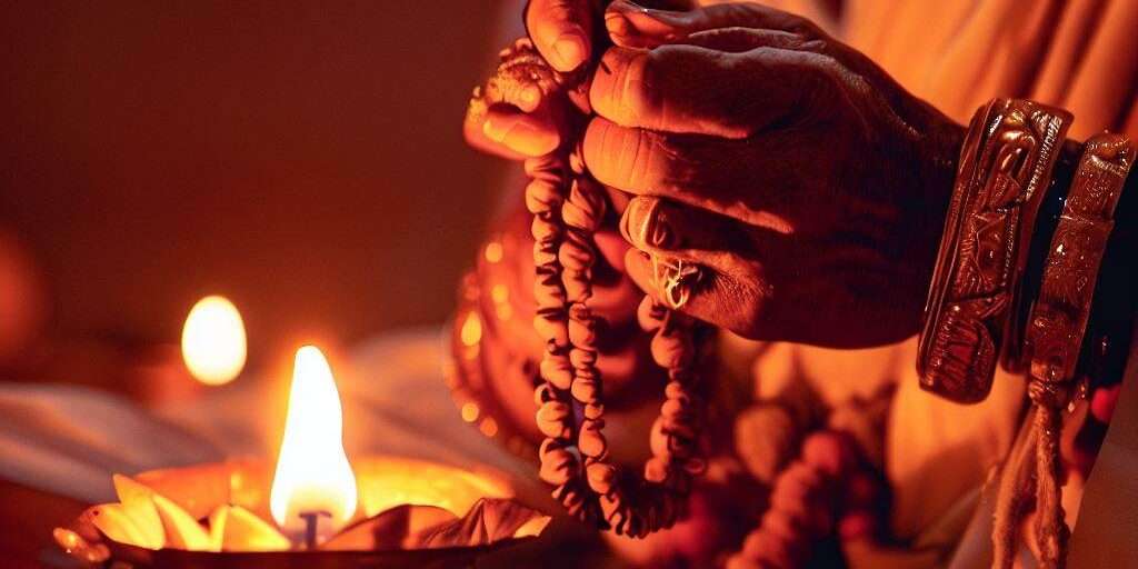 Devotee performing Shravan Pujas with a diya and prayer beads