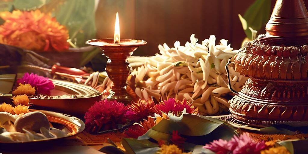 An image of a peaceful home altar set up for a Hindu ritual, adorned with flowers, incense, and a glowing diya.