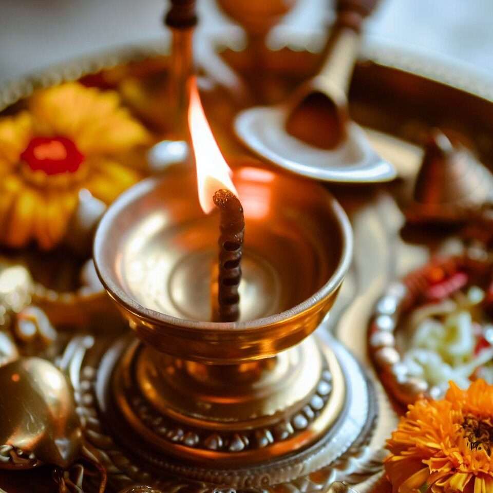 Close-up of Aarti plate with various elements.