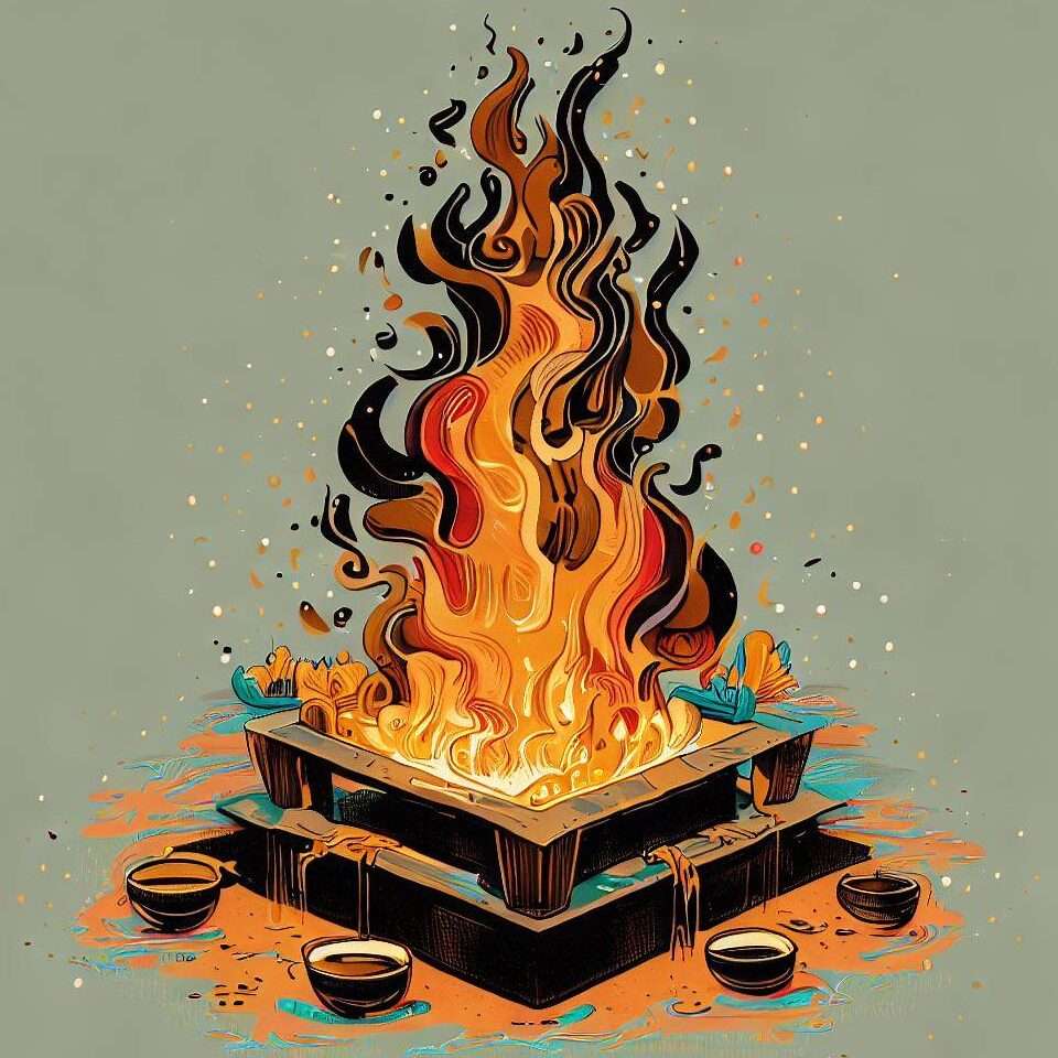 Illustration of Yajna, the Hindu fire sacrifice ritual.