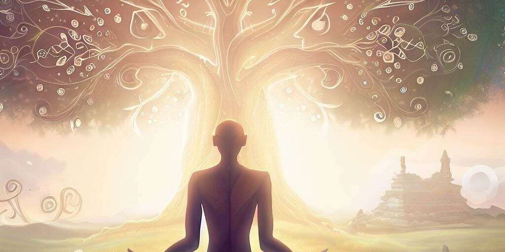 An illustration of non-violence in Hinduism, depicting meditation, a flourishing tree, and symbols of love, compassion, and spiritual growth.
