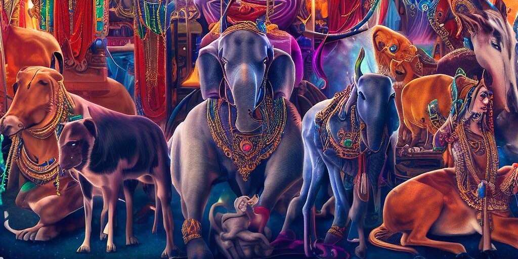 Collage of various animals representing the Hindu Deities and Their Animal Vehicles.