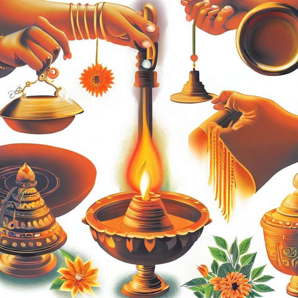 Various stages of Aarti ritual with different components.