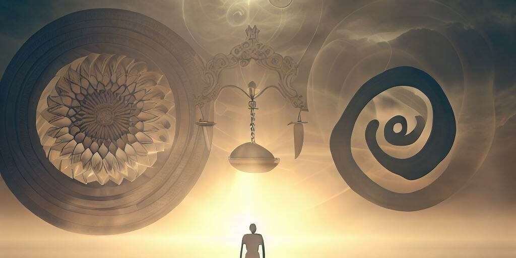 "Illustration representing Hindu Concepts of Karma and Reincarnation with symbols of a wheel, spirals, and an open sky