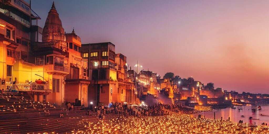 Ghats of Varanasi at night - a spiritual panorama in one of the Hindu Holy Cities.