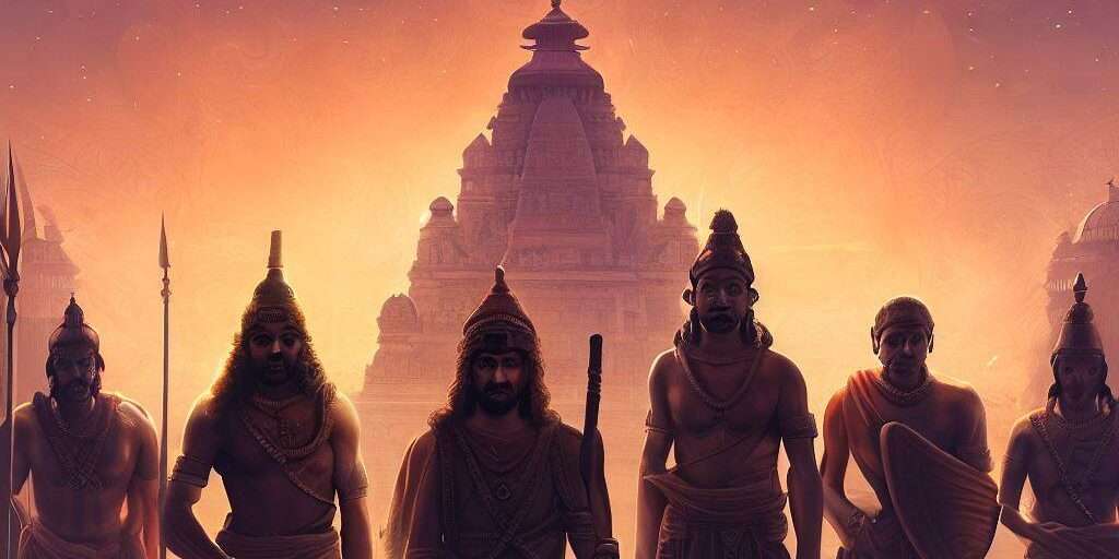 Image depicting the seven powerful Hindu Kings - Ashoka, Harsha, Rajaraja Chola, Krishnadevaraya, Prithviraj Chauhan, and Shivaji - against a backdrop of their monumental contributions.
