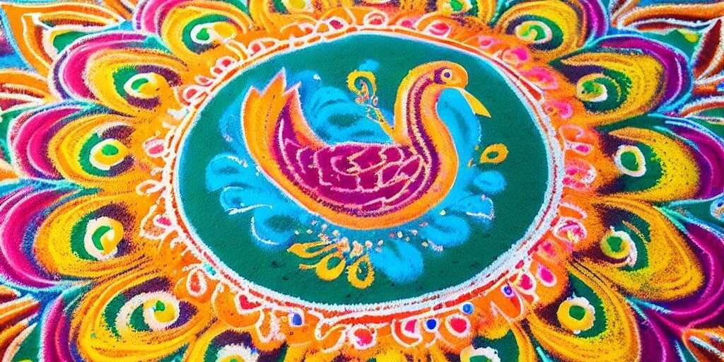 Colorful Rangoli Art in Hindu Festivals depicting various deities and symbols