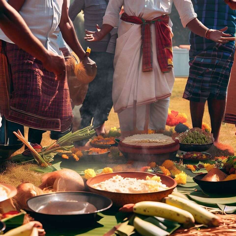 Farmers celebrating the Pongal harvest festival.