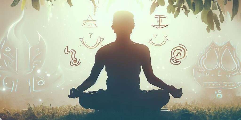 Daily Hindu Practices: Person meditating in nature surrounded by Hindu spiritual symbols