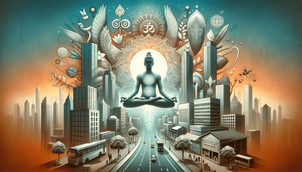 Modern urban landscape blended with traditional yoga elements, symbolizing the integration of ancient yoga practices into contemporary life.