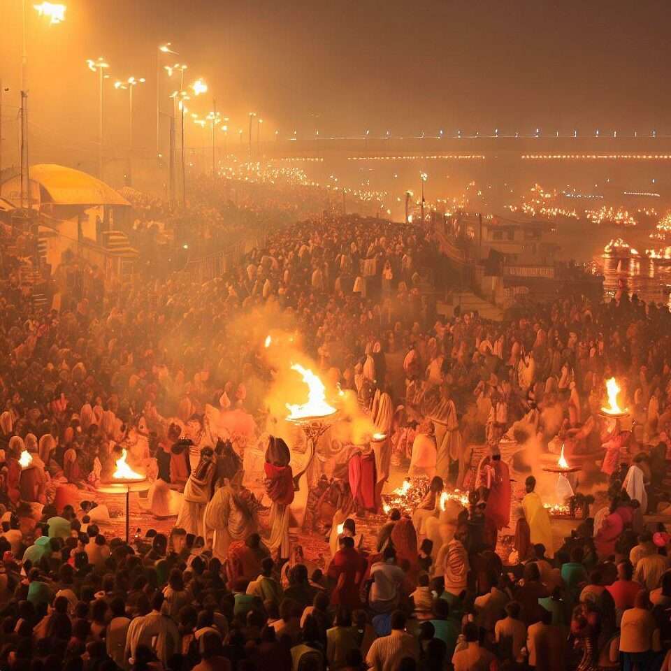 Devotees at the Ganga Aarti ceremony by the Ganges river.