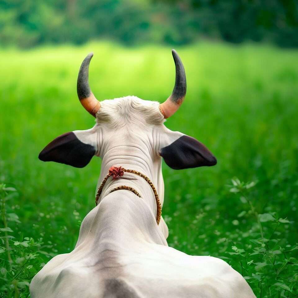 Peaceful cow in a field, representing Hindu cow worship.