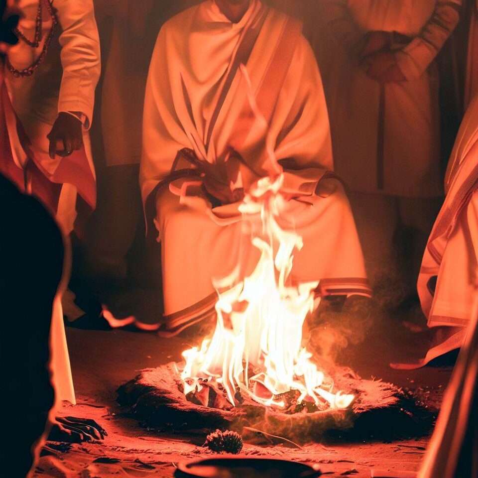 Priests performing Yajna ceremony with sacred fire.