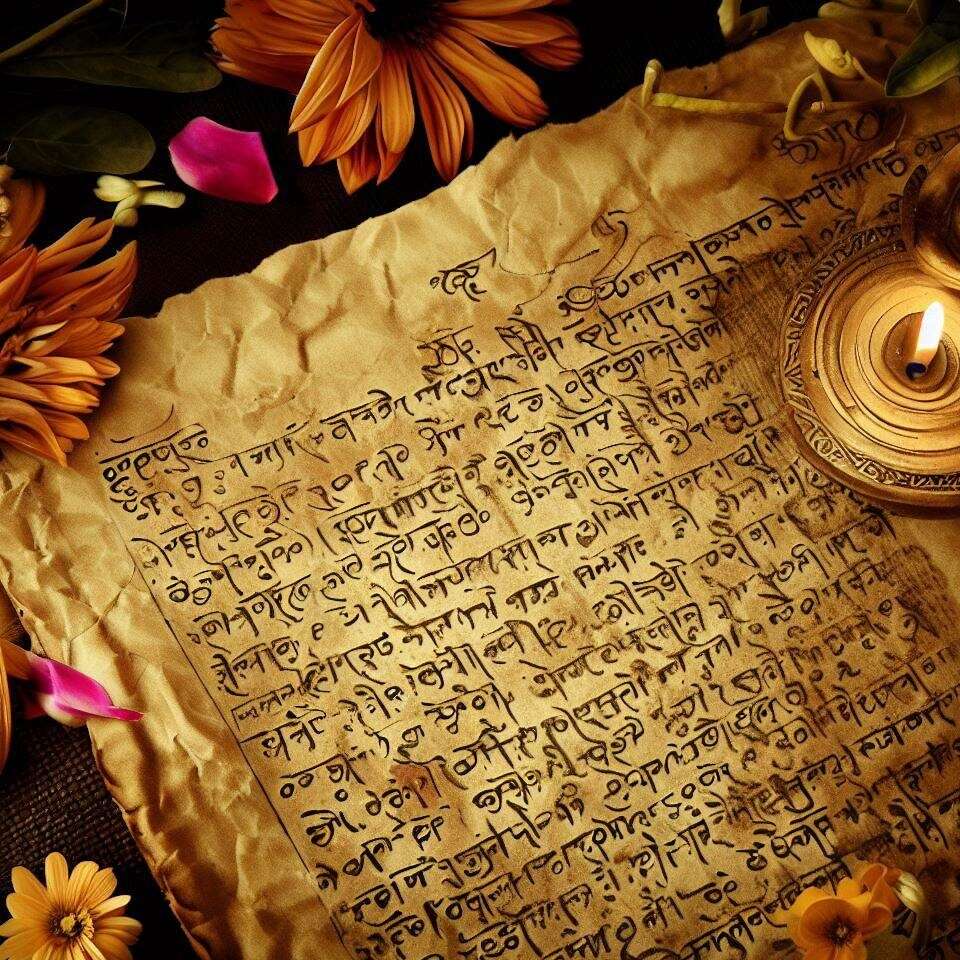 Ancient parchment with Sanskrit scriptures indicative of the historic roots of the Rudrabhishek Ritual.