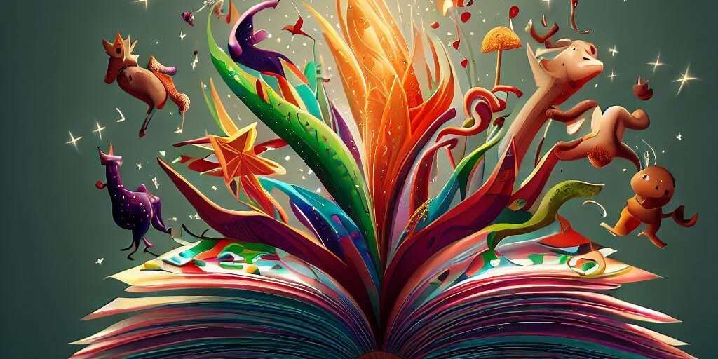 Illustration of open book depicting elements from Hindu Stories with Moral Lessons