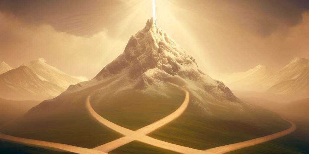 Five paths converging to a peak, representing Hindu Philosophical Schools.