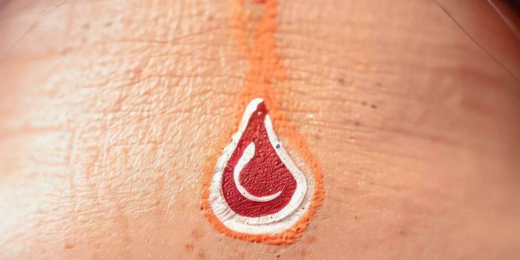 close-up view of the Hindu ritual symbol, the Tilak.