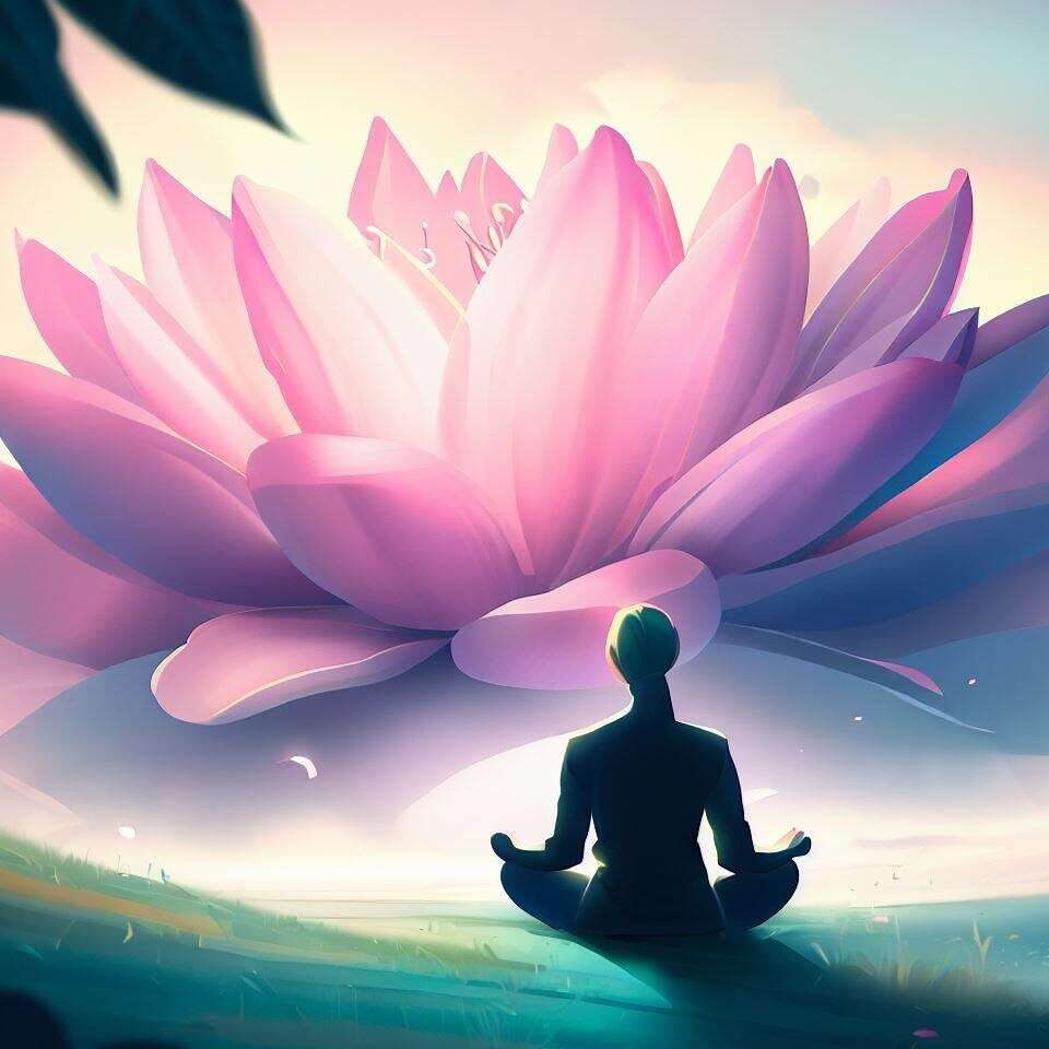 An individual meditating near a blooming lotus, symbolizing the integration of Rudrabhishek lessons into daily life.