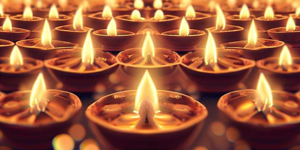 Illuminated diyas symbolizing the Hindu Concepts of Sacred Time during Diwali festival