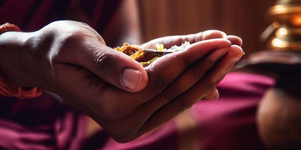 A person eating with hands, practicing an essential part of Hinduism.
