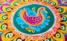 Colorful Rangoli Art in Hindu Festivals depicting various deities and symbols