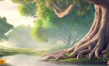A tranquil landscape depicting the sacred tree, flowing water, lush fields, and a gentle sunrise, representing the harmony between Hinduism and Environmental Sustainability.